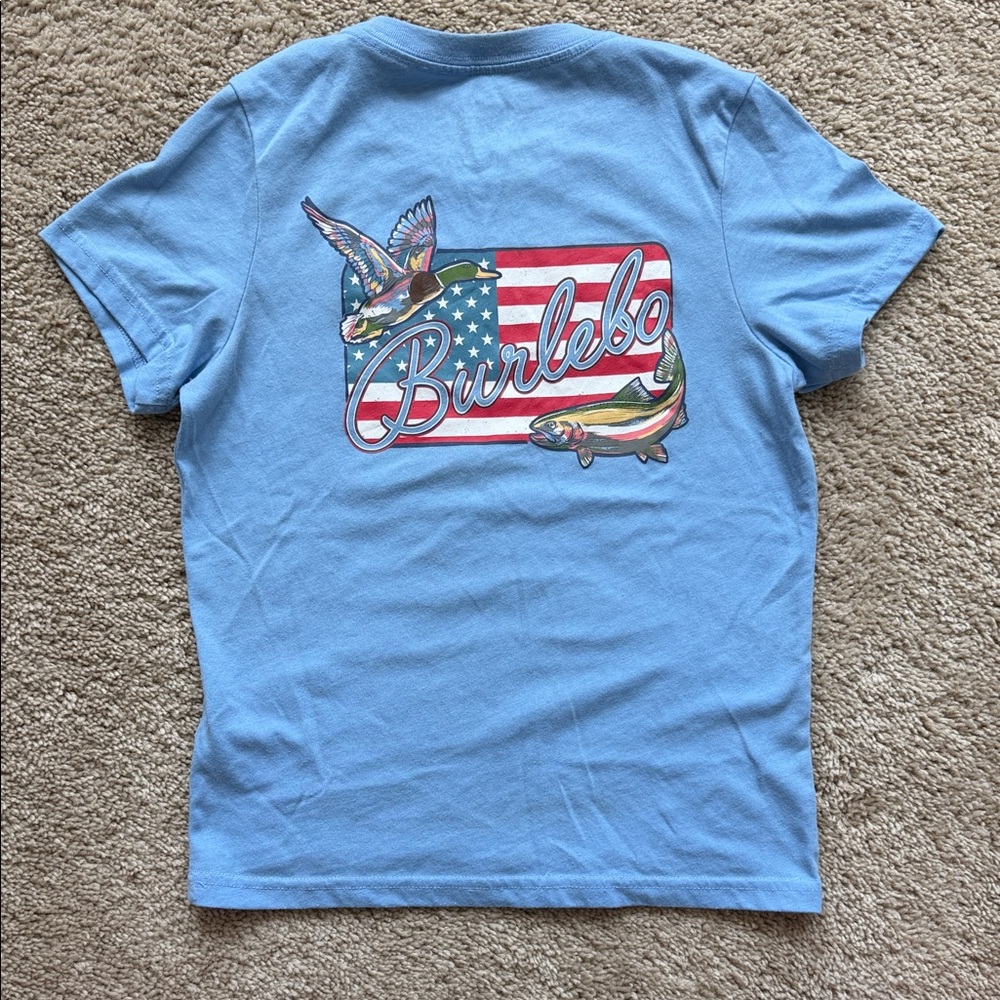 BURLEBO Light Blue Kids Short-Sleeve Tee with American Flag, Fish & Duck Graphic